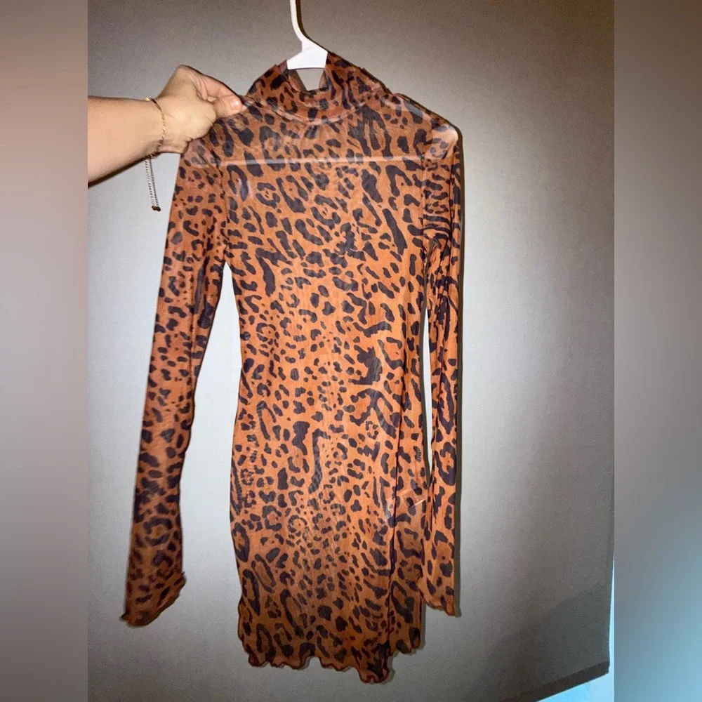 Leopard animal Print Long Sleeve Dress cover up sheer mesh brand new never worn - Picture 7 of 11